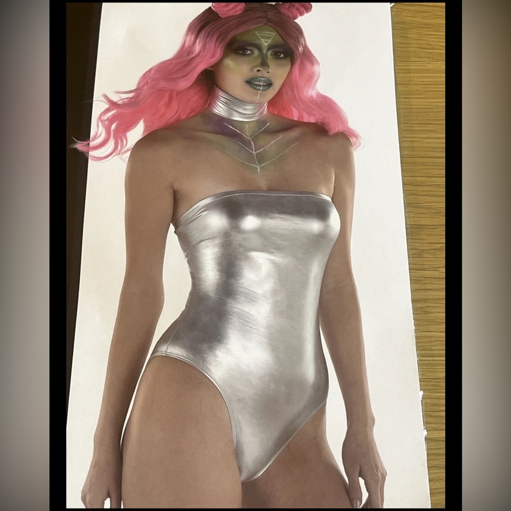 Metallic Silver Strapless Bodysuit with Collar Cosplay Costume Adult Size L/XL